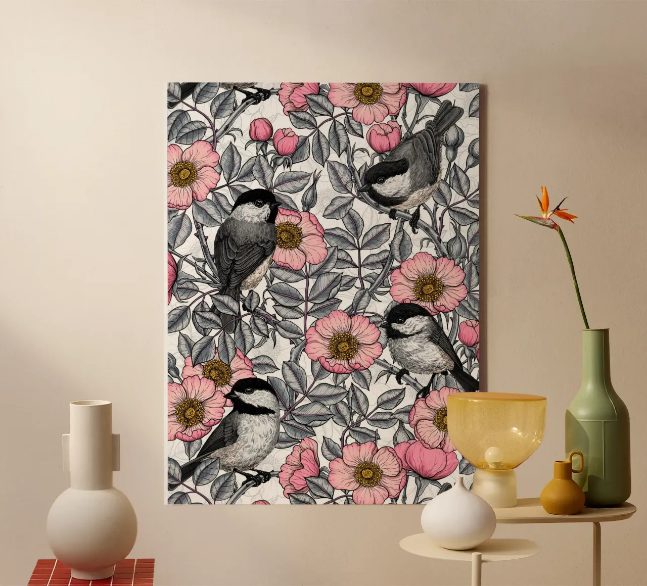 Chickadees in de wilde roos, roze en grijs canvas van Painted Nature