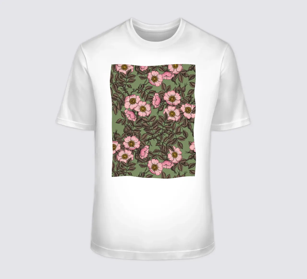 Rosa canina in fiore su verde salvia t-shirt da Painted Nature