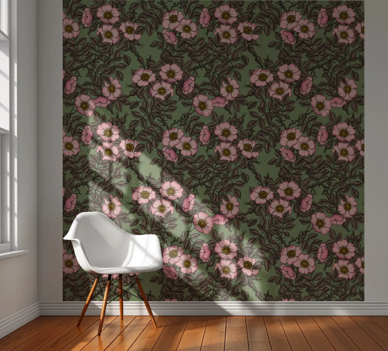 Dog rose in bloom on sage green photo wallpaper by Painted Nature