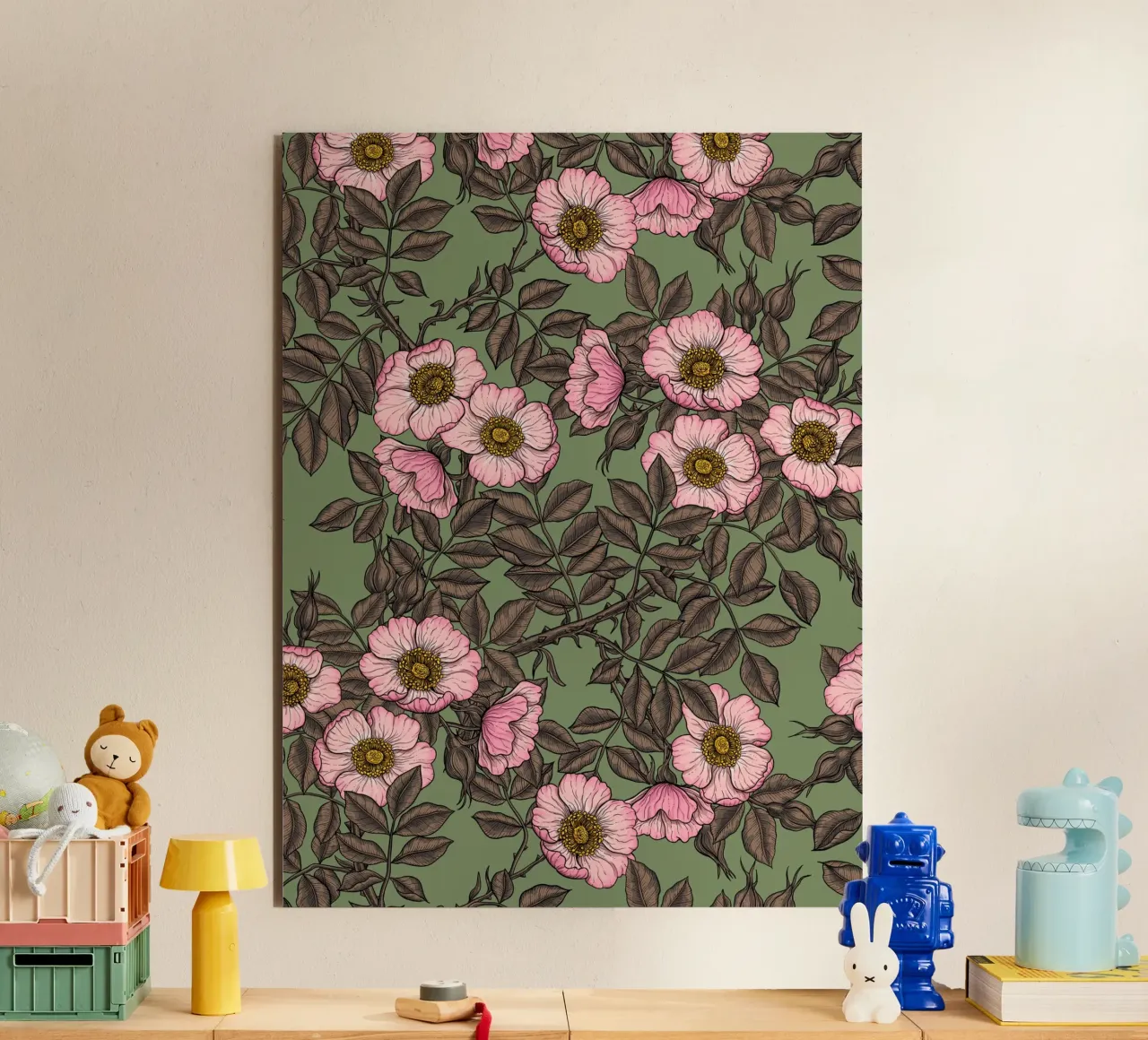 Dog rose in bloom on sage green alu-dibond by Painted Nature