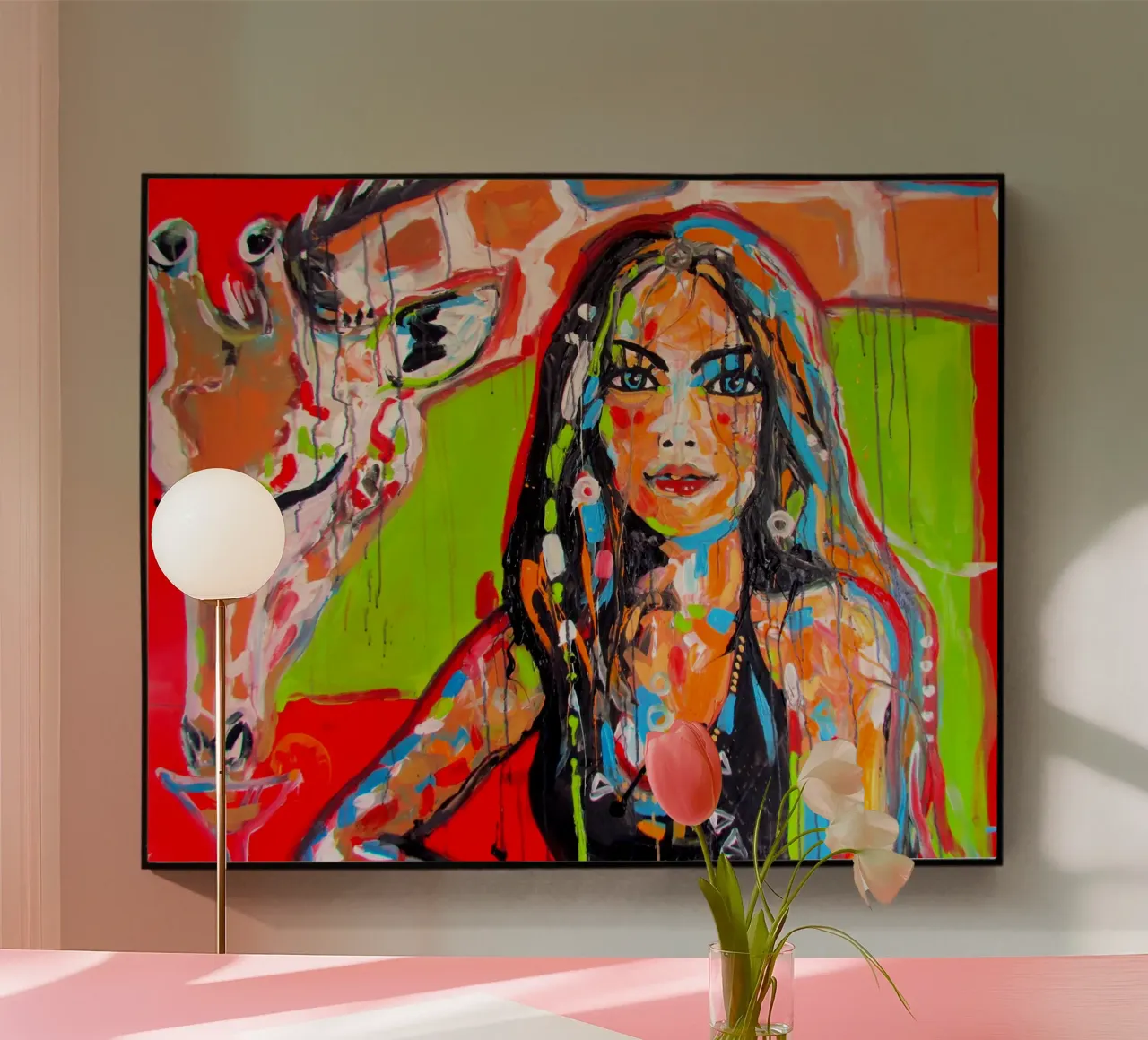 Frau mit Giraffe plexiglass da Happy 😃 Art 🎨 by Christine Schnoell