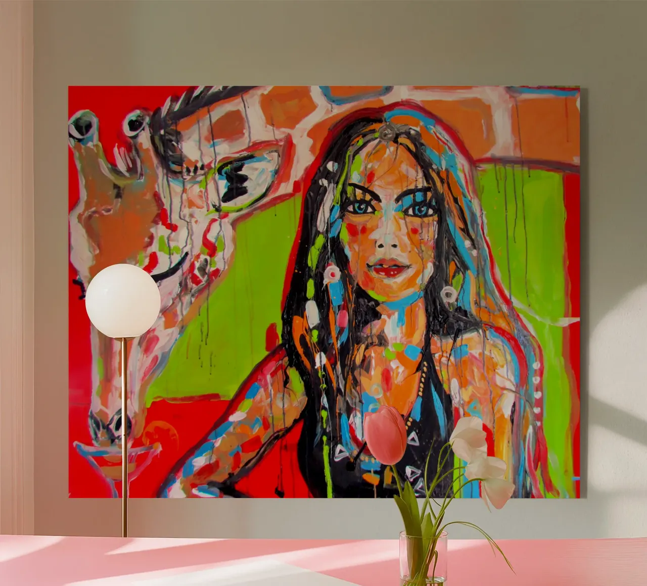 Frau mit Giraffe plexiglass da Happy 😃 Art 🎨 by Christine Schnoell