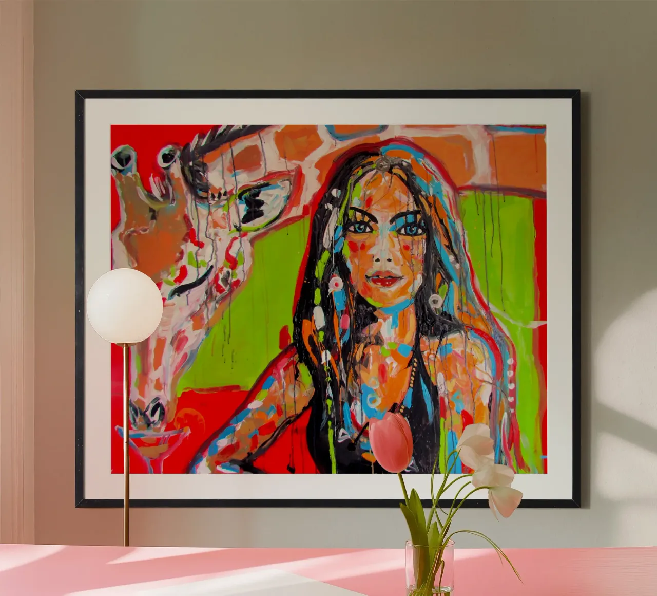 Frau mit Giraffe poster con telaio in alluminio da Happy 😃 Art 🎨 by Christine Schnoell