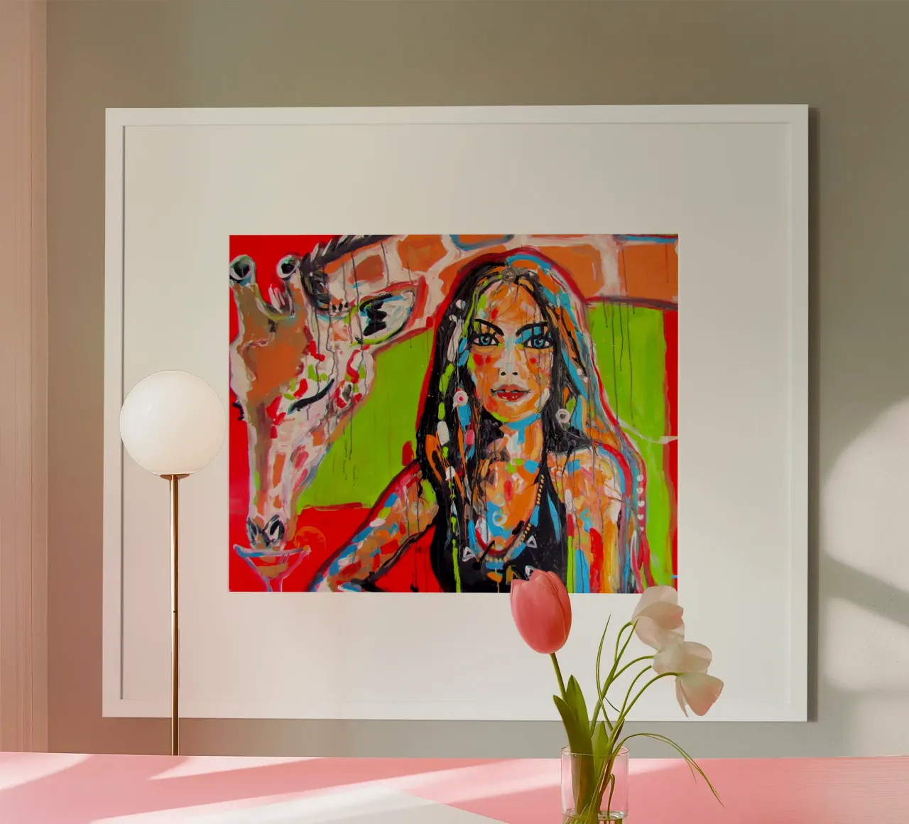 Frau mit Giraffe poster con telaio in alluminio da Happy 😃 Art 🎨 by Christine Schnoell