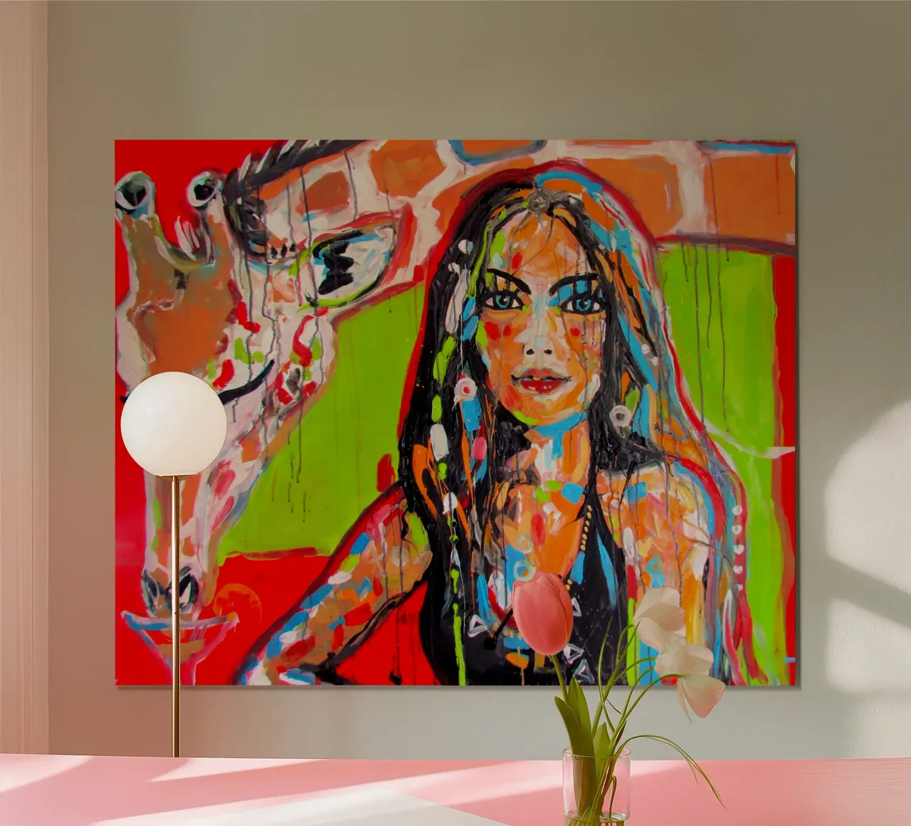 Frau mit Giraffe poster con telaio in alluminio da Happy 😃 Art 🎨 by Christine Schnoell