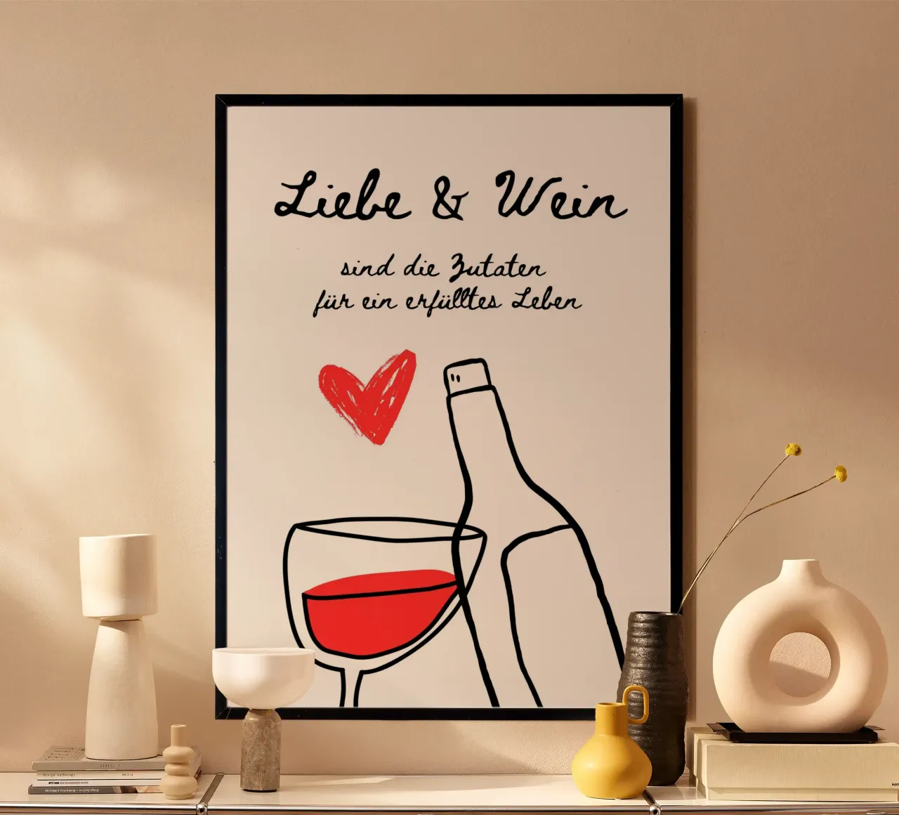 Liebe & Wein poster con telaio in legno da DigiWunderwerk