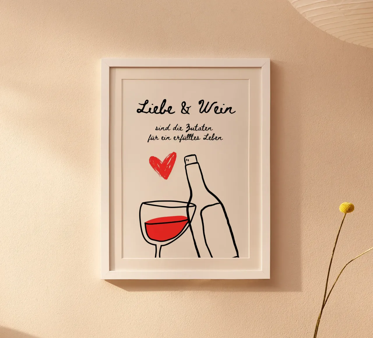 Liebe & Wein poster con telaio in legno da DigiWunderwerk