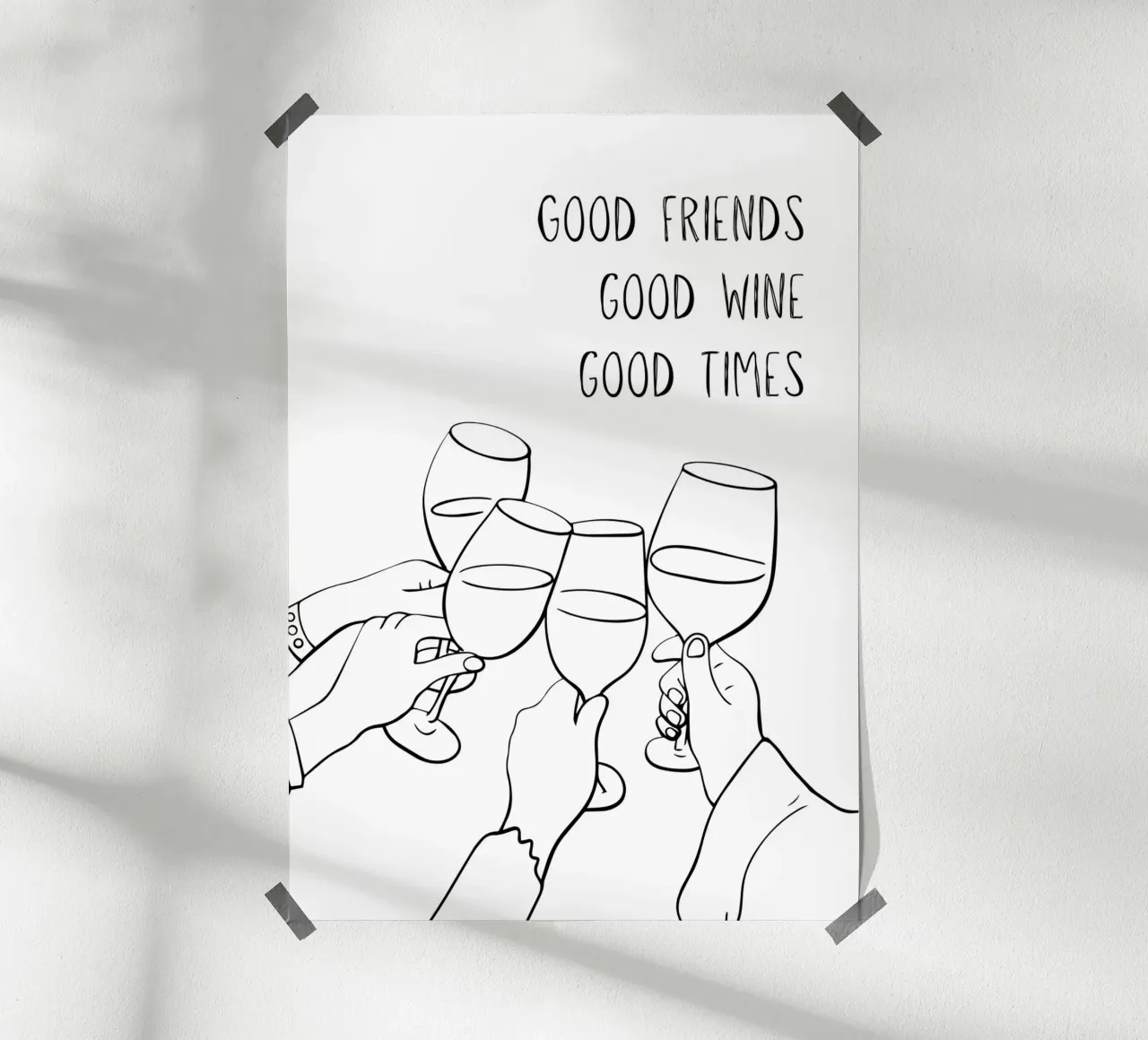 Good Friends | Good Wine | Good Times poster con telaio in legno da DigiWunderwerk
