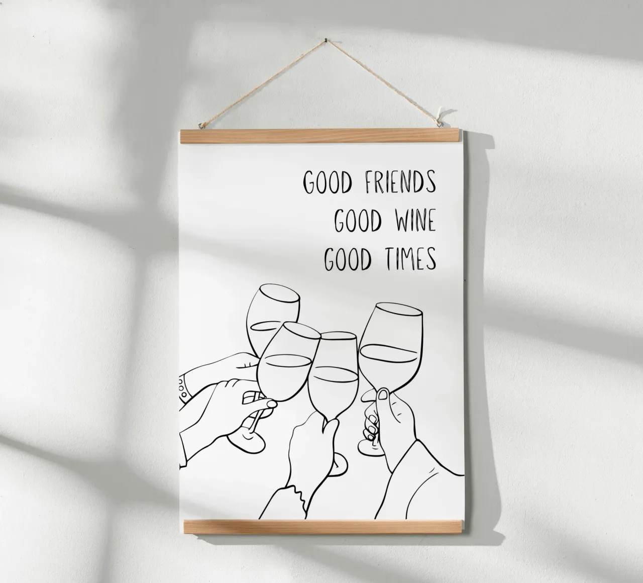 Good Friends | Good Wine | Good Times poster con telaio in legno da DigiWunderwerk