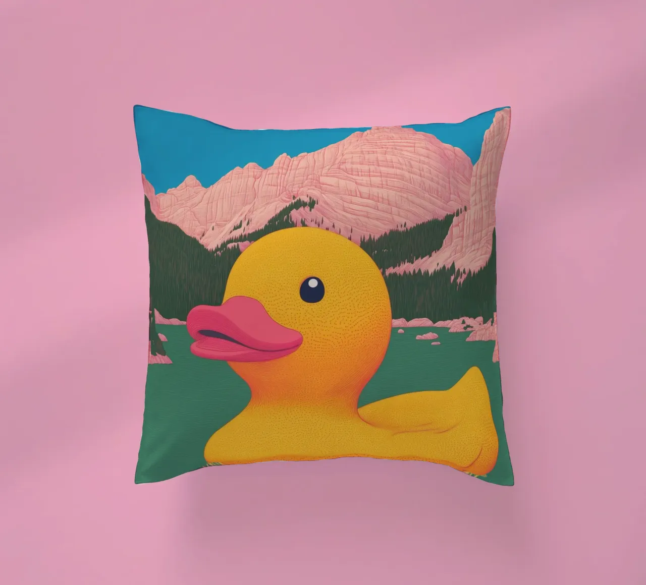 South Tyrol Dolomites Lake Yellow Rubber Duck Bahtroom Art decorative cushion by Kaji
