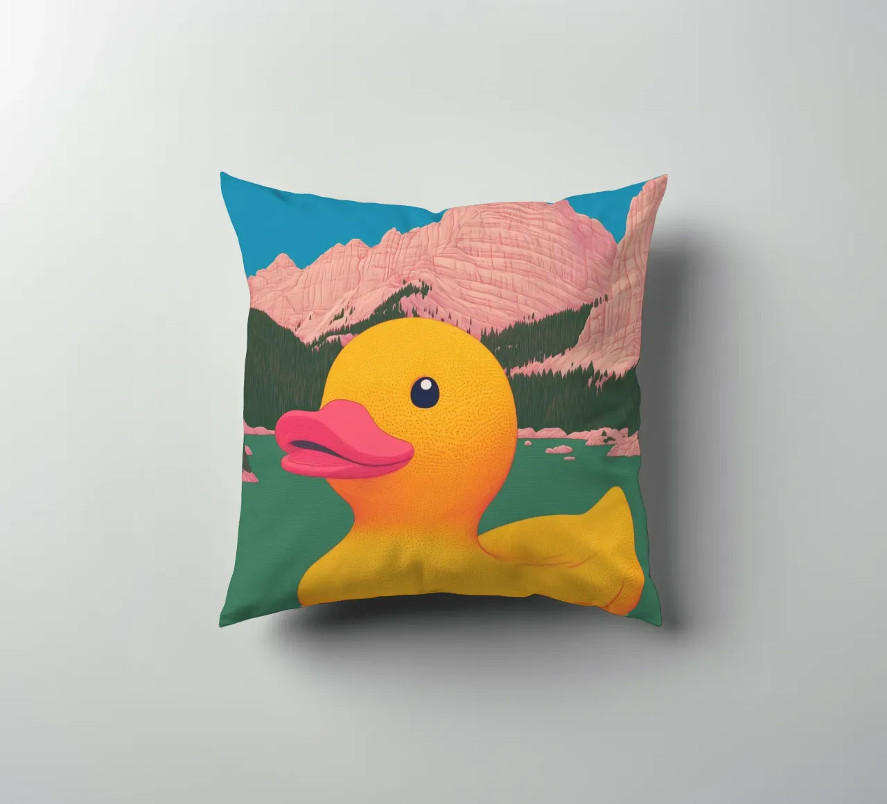 South Tyrol Dolomites Lake Yellow Rubber Duck Bahtroom Art decorative cushion by Kaji