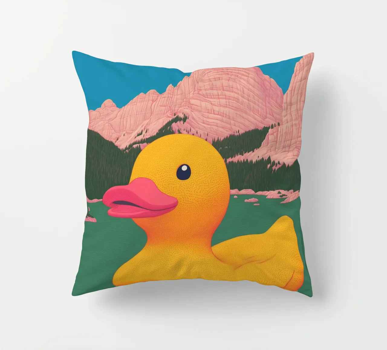 South Tyrol Dolomites Lake Yellow Rubber Duck Bahtroom Art decorative cushion by Kaji
