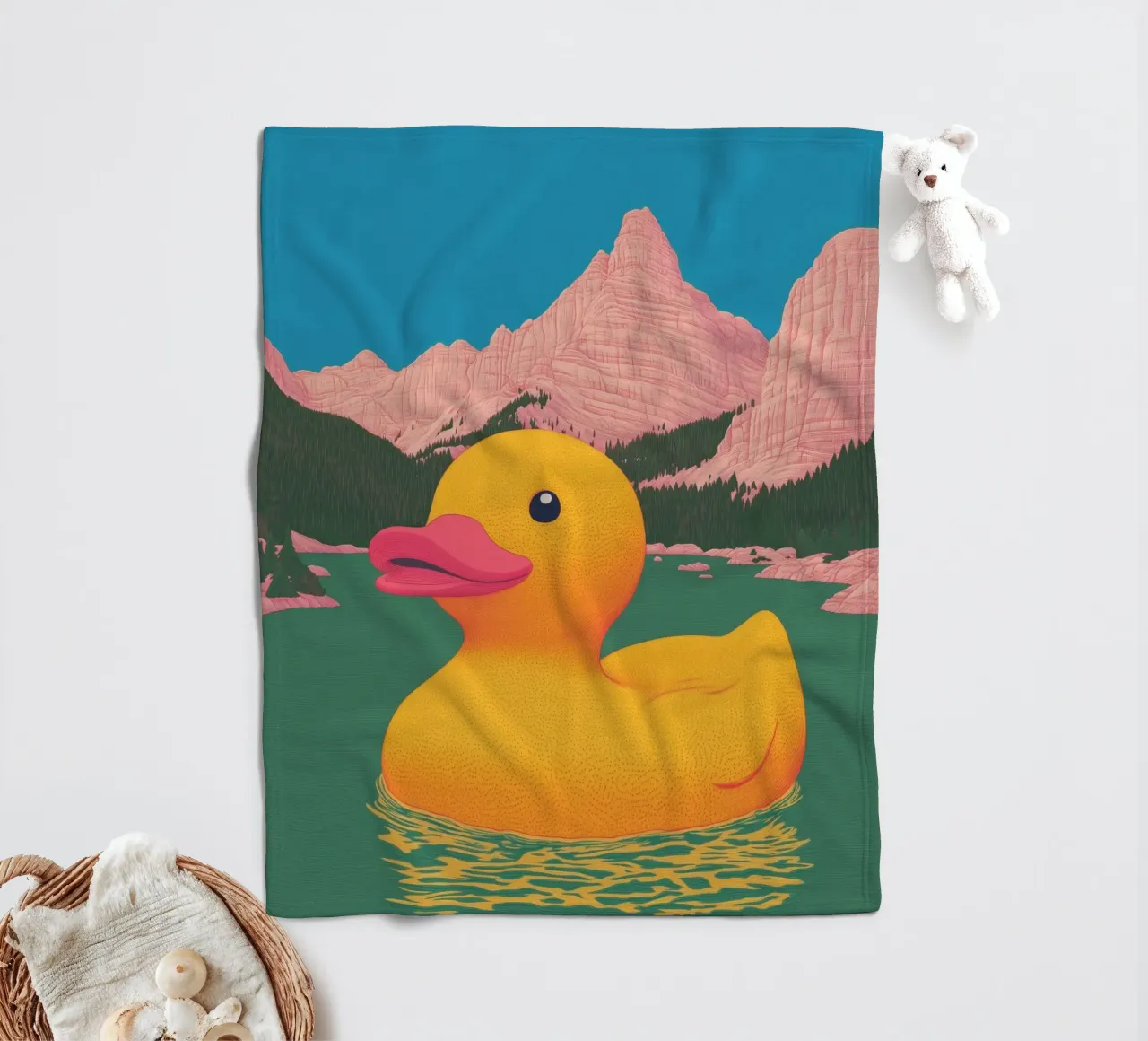 South Tyrol Dolomites Lake Yellow Rubber Duck Bahtroom Art fleece blanket by Kaji