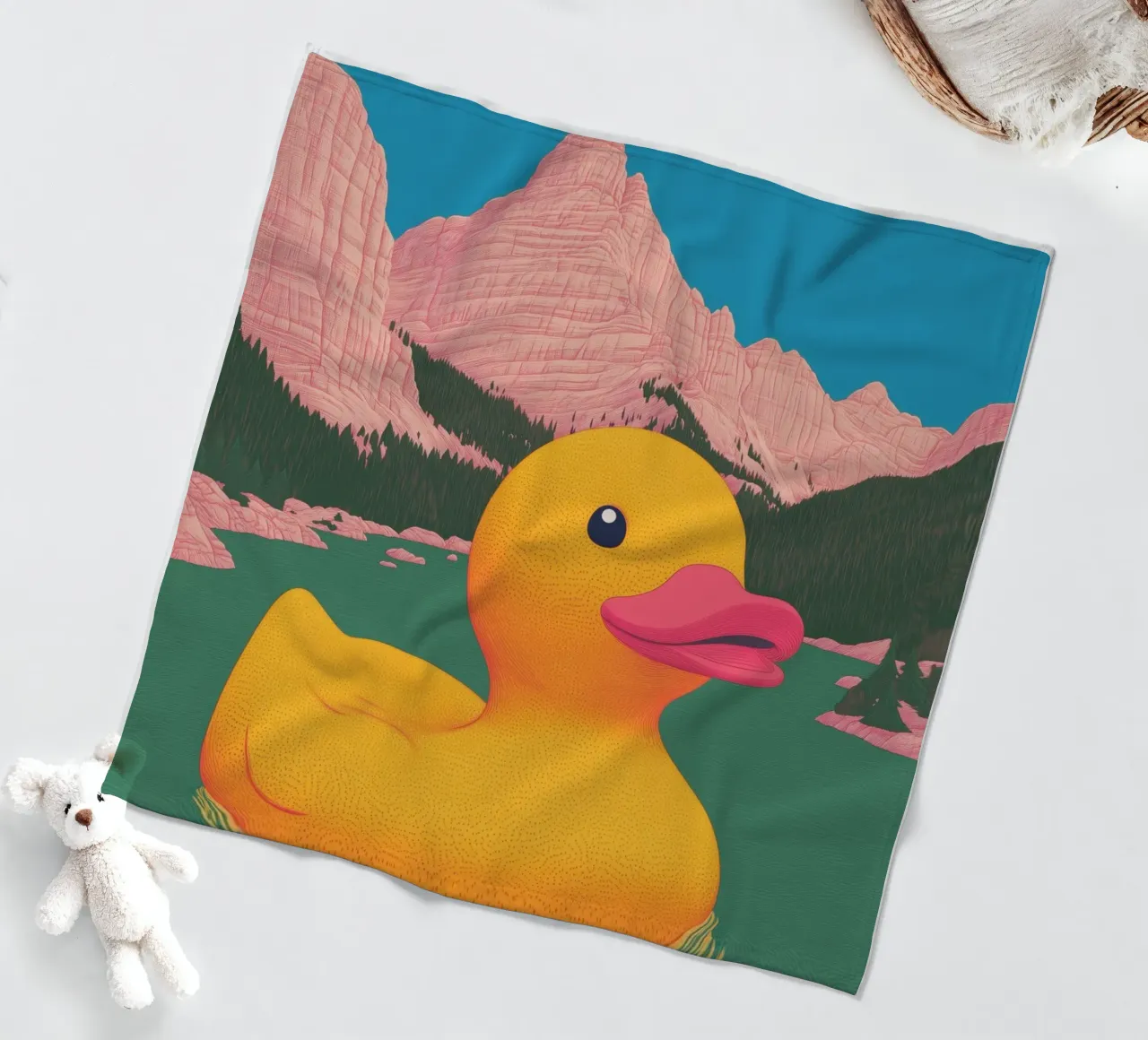 South Tyrol Dolomites Lake Yellow Rubber Duck Bahtroom Art fleece blanket by Kaji