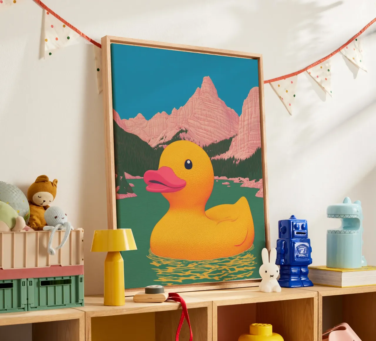 Zuid-Tirol Dolomieten Meer Gele Badeend Bahtroom Art canvas met Baklijst van Kaji