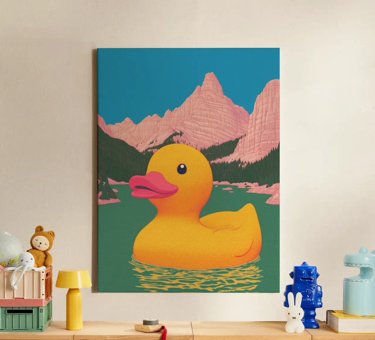 Zuid-Tirol Dolomieten Meer Gele Badeend Bahtroom Art canvas met Baklijst van Kaji