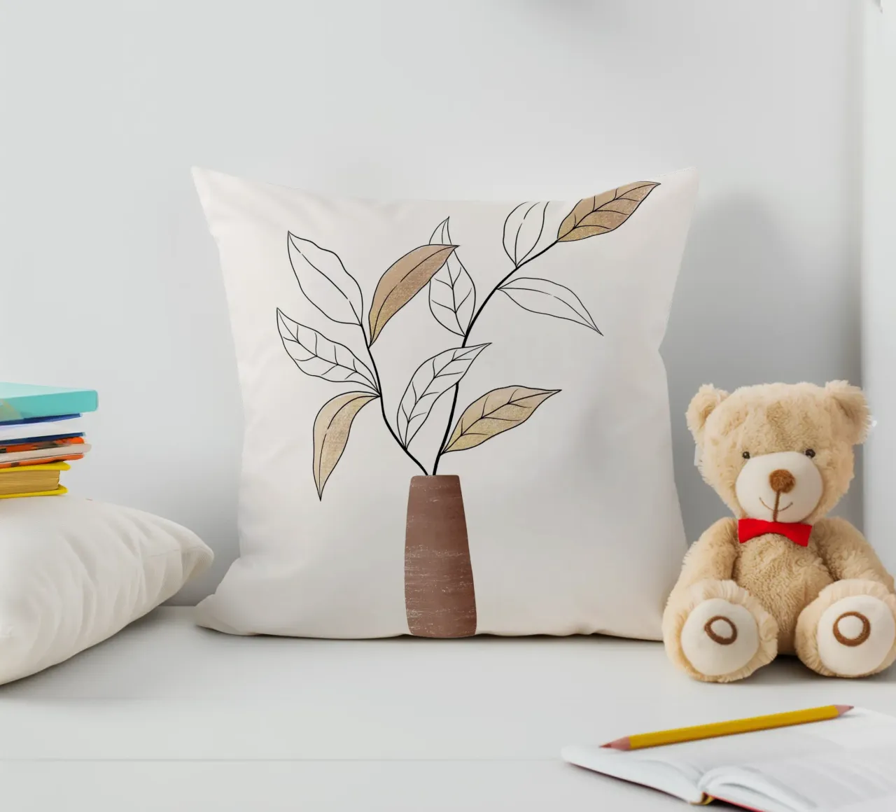 Branch in warm earthy tones. With gold shimmer decorative cushion by CalliLetters