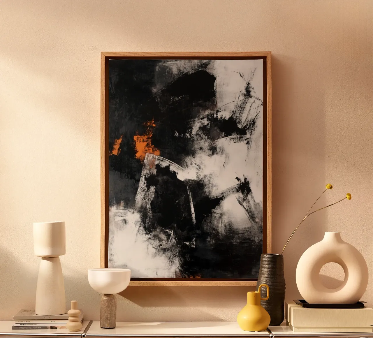 Modern abstractie schilderij zwart-wit canvas met Baklijst van Justyna Jaszke JBJart