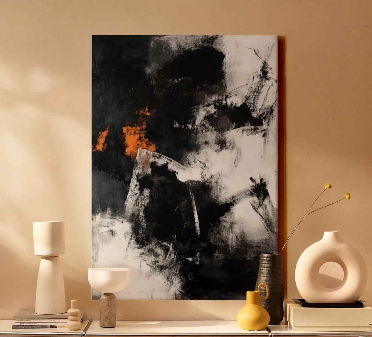 Modern abstractie schilderij zwart-wit canvas met Baklijst van Justyna Jaszke JBJart