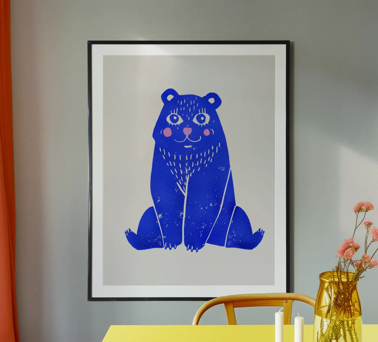 Cute Blue Bear Illustration Art Print poster met houten frame van showmemars