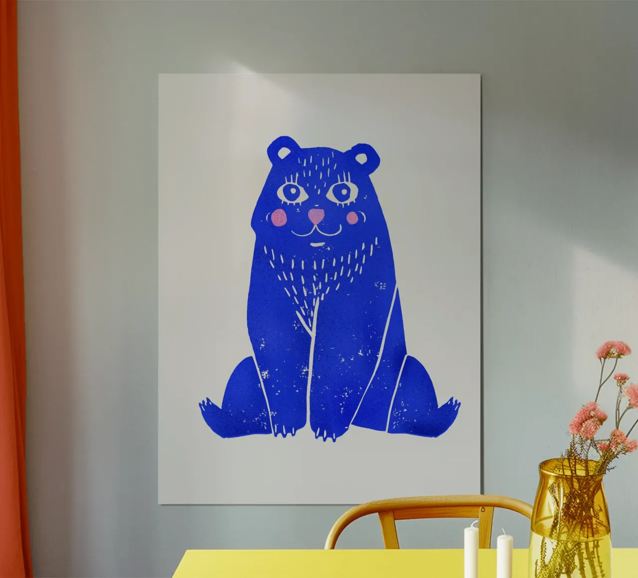 Cute Blue Bear Illustration Art Print poster met houten frame van showmemars