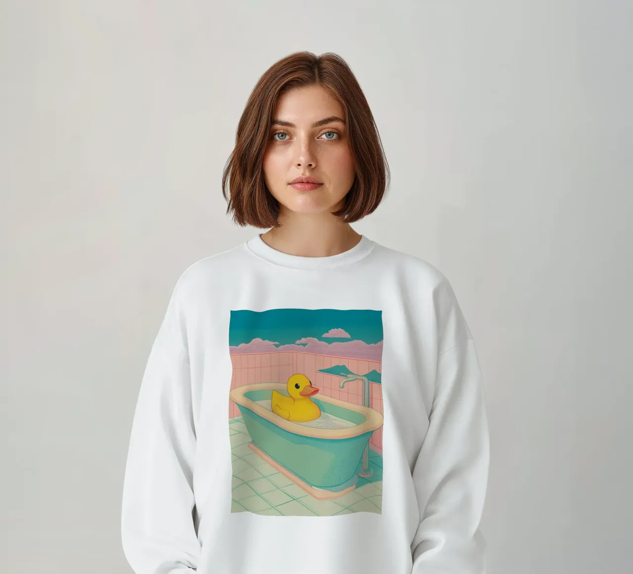 Un mignon canard en caoutchouc jaune dans une baignoire - Bathroom Art sweat de Kaji