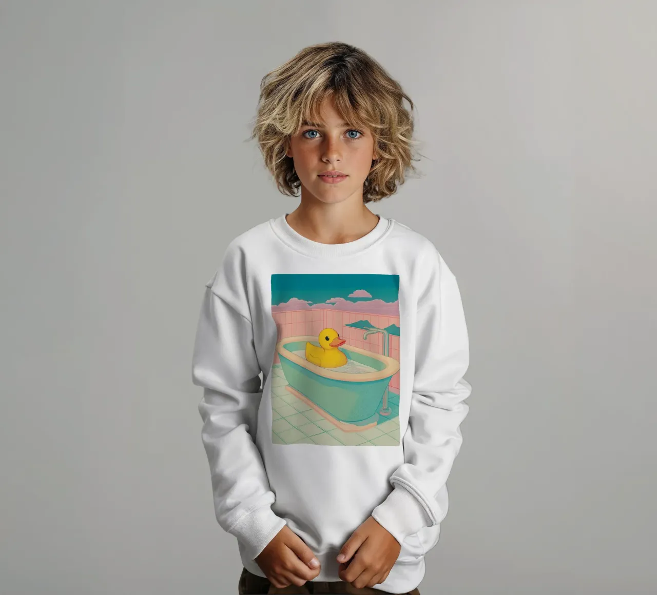 Un mignon canard en caoutchouc jaune dans une baignoire - Bathroom Art sweat enfant de Kaji