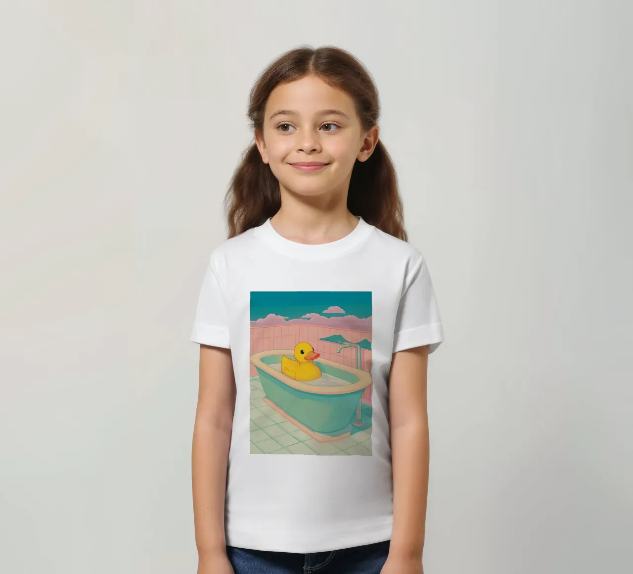 Eine niedliche, lustige gelbe Gummiente in der Badewanne - Kunst im Bad Kinder T-Shirt von Kaji