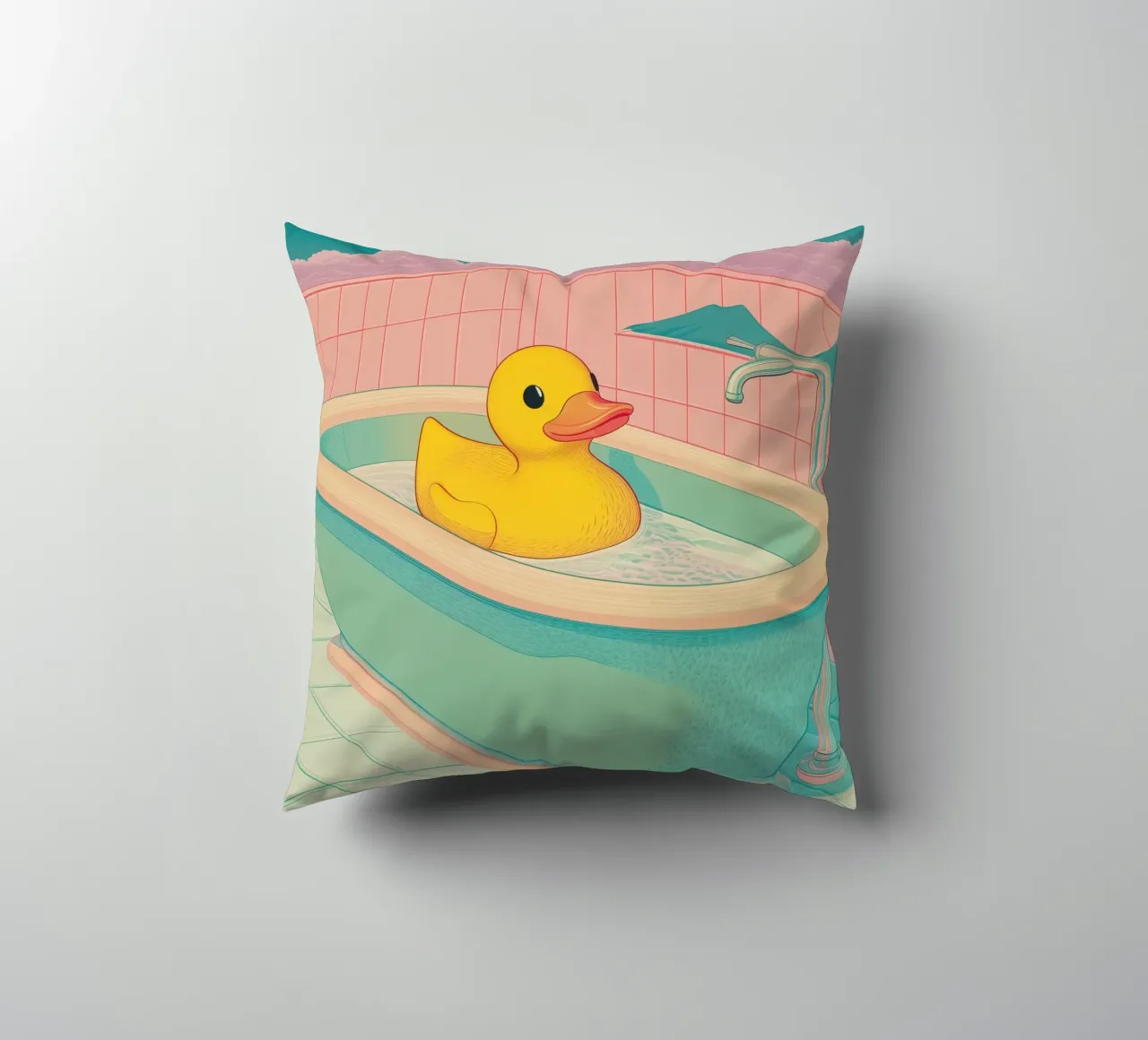 Un mignon canard en caoutchouc jaune dans une baignoire - Bathroom Art coussin de Kaji