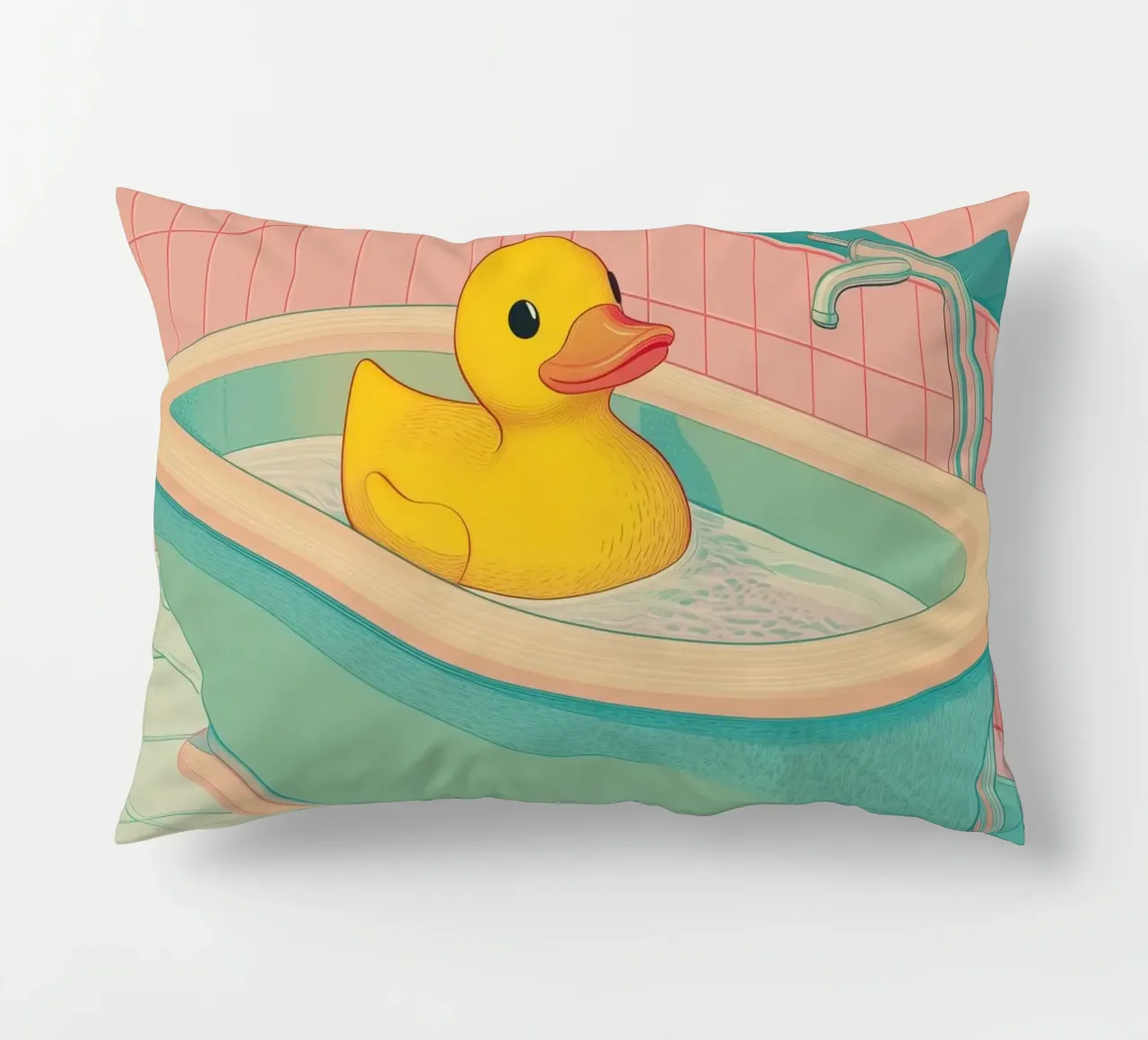 Un mignon canard en caoutchouc jaune dans une baignoire - Bathroom Art coussin de Kaji