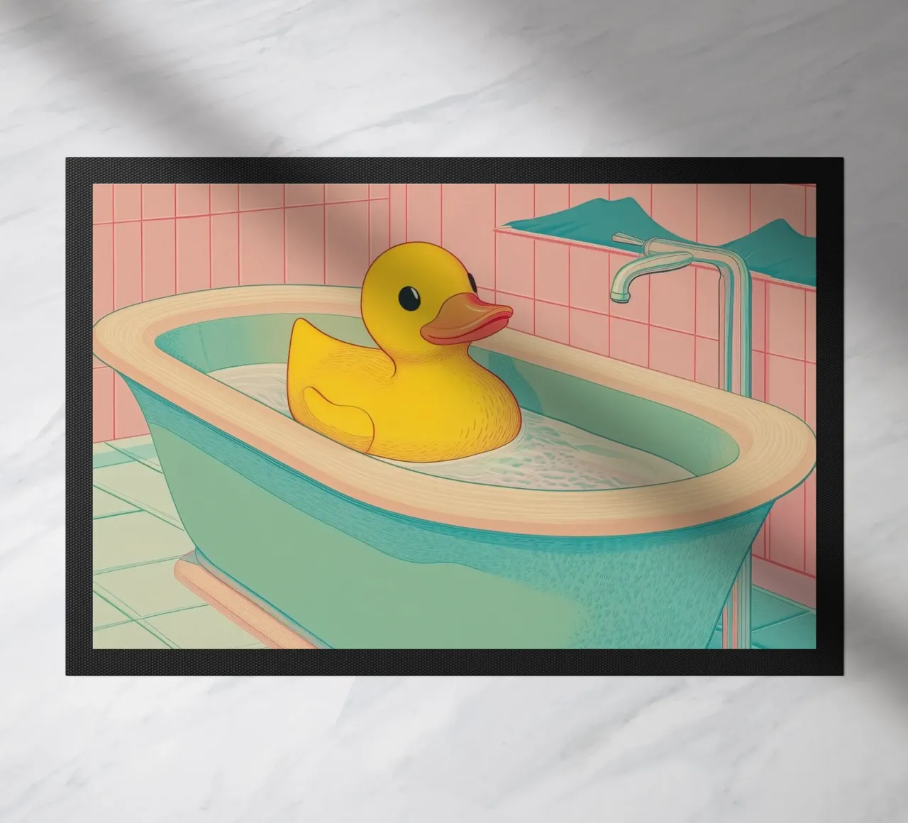Un mignon canard en caoutchouc jaune dans une baignoire - Bathroom Art paillasson de Kaji