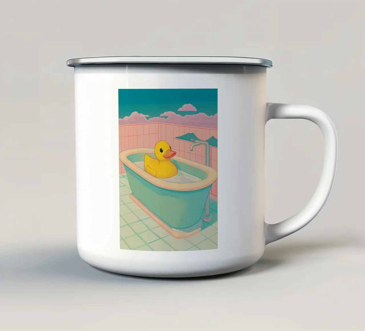 Un mignon canard en caoutchouc jaune dans une baignoire - Bathroom Art mug en émail de Kaji