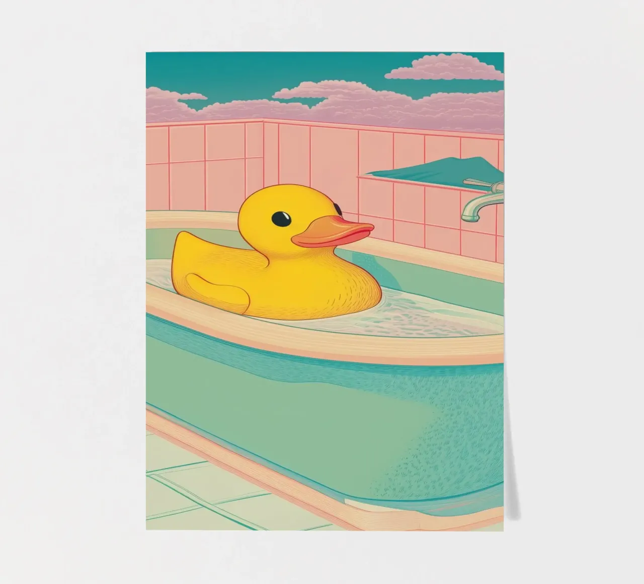 Un mignon canard en caoutchouc jaune dans une baignoire - Bathroom Art planche autocollant de Kaji