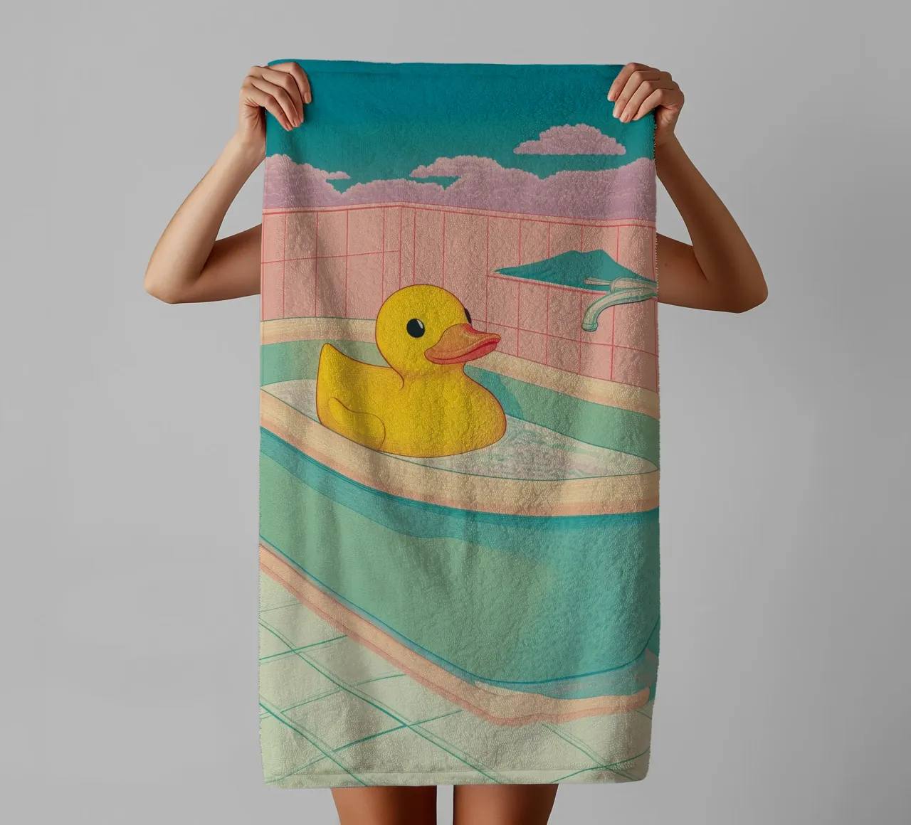 Un mignon canard en caoutchouc jaune dans une baignoire - Bathroom Art serviette de bain de Kaji