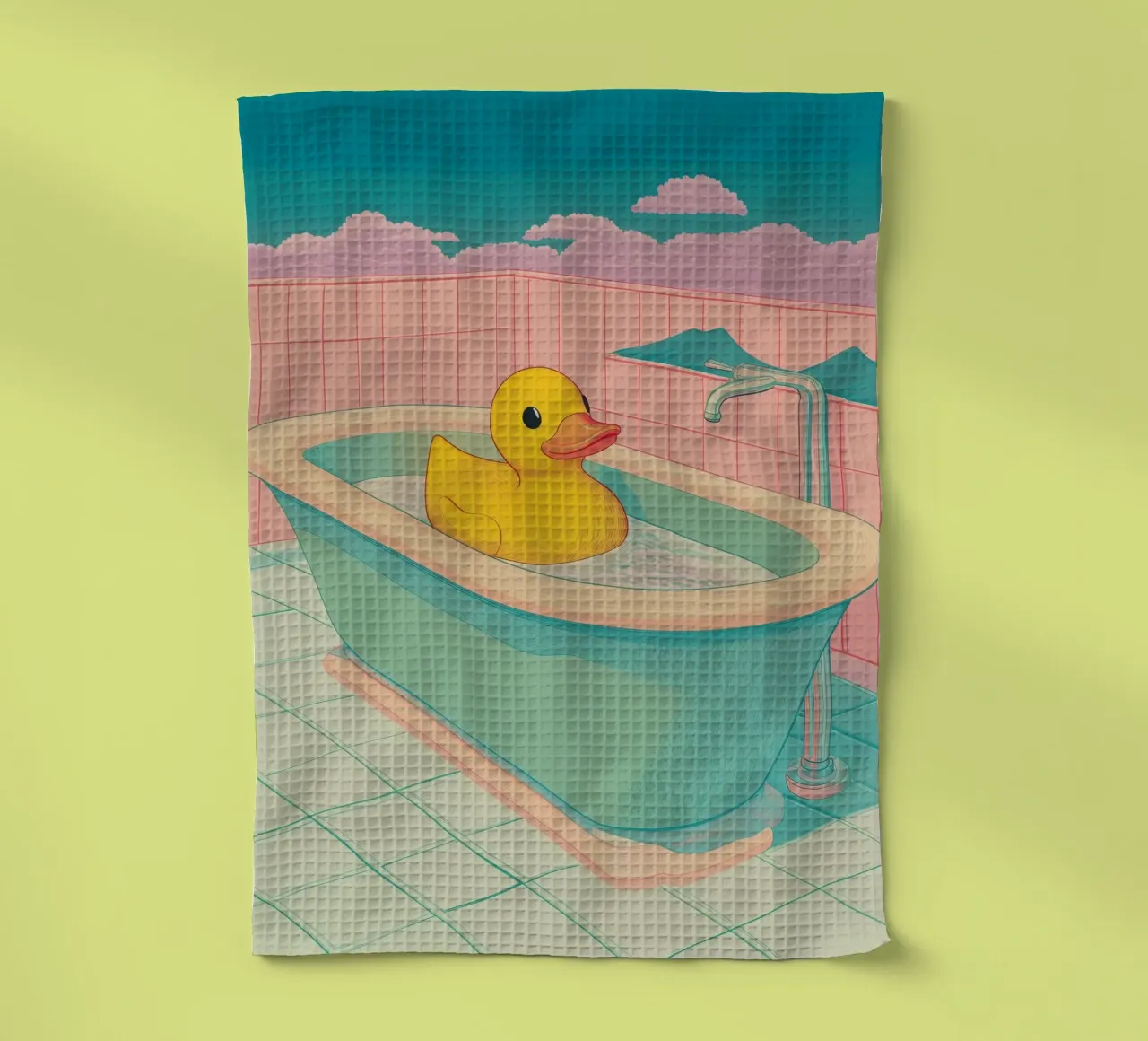 Un mignon canard en caoutchouc jaune dans une baignoire - Bathroom Art torchon de Kaji