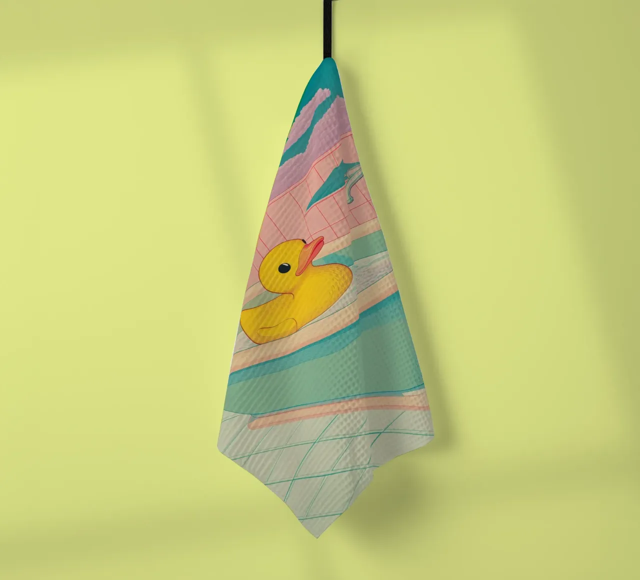Un mignon canard en caoutchouc jaune dans une baignoire - Bathroom Art torchon de Kaji