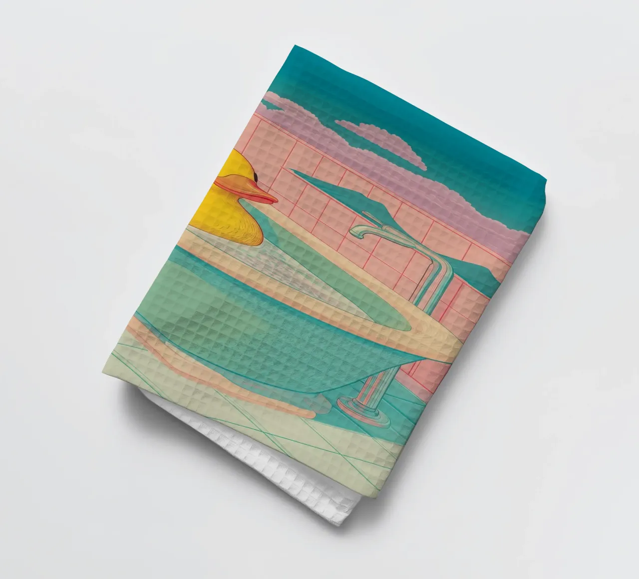 Un mignon canard en caoutchouc jaune dans une baignoire - Bathroom Art torchon de Kaji