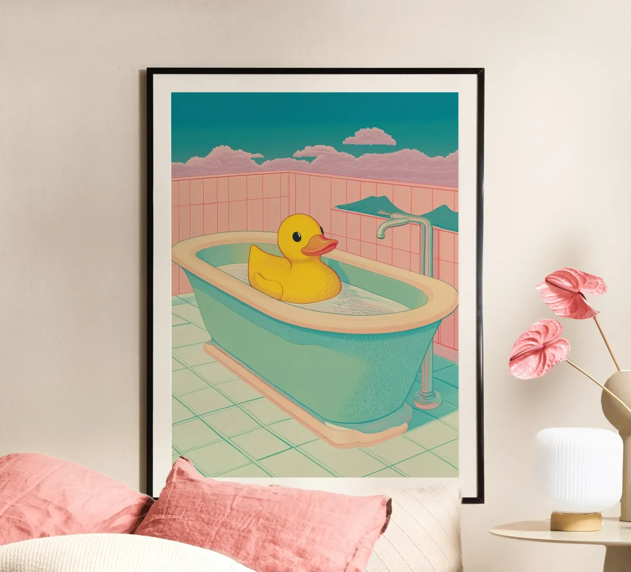Un mignon canard en caoutchouc jaune dans une baignoire - Bathroom Art poster avec cadre en bois de Kaji
