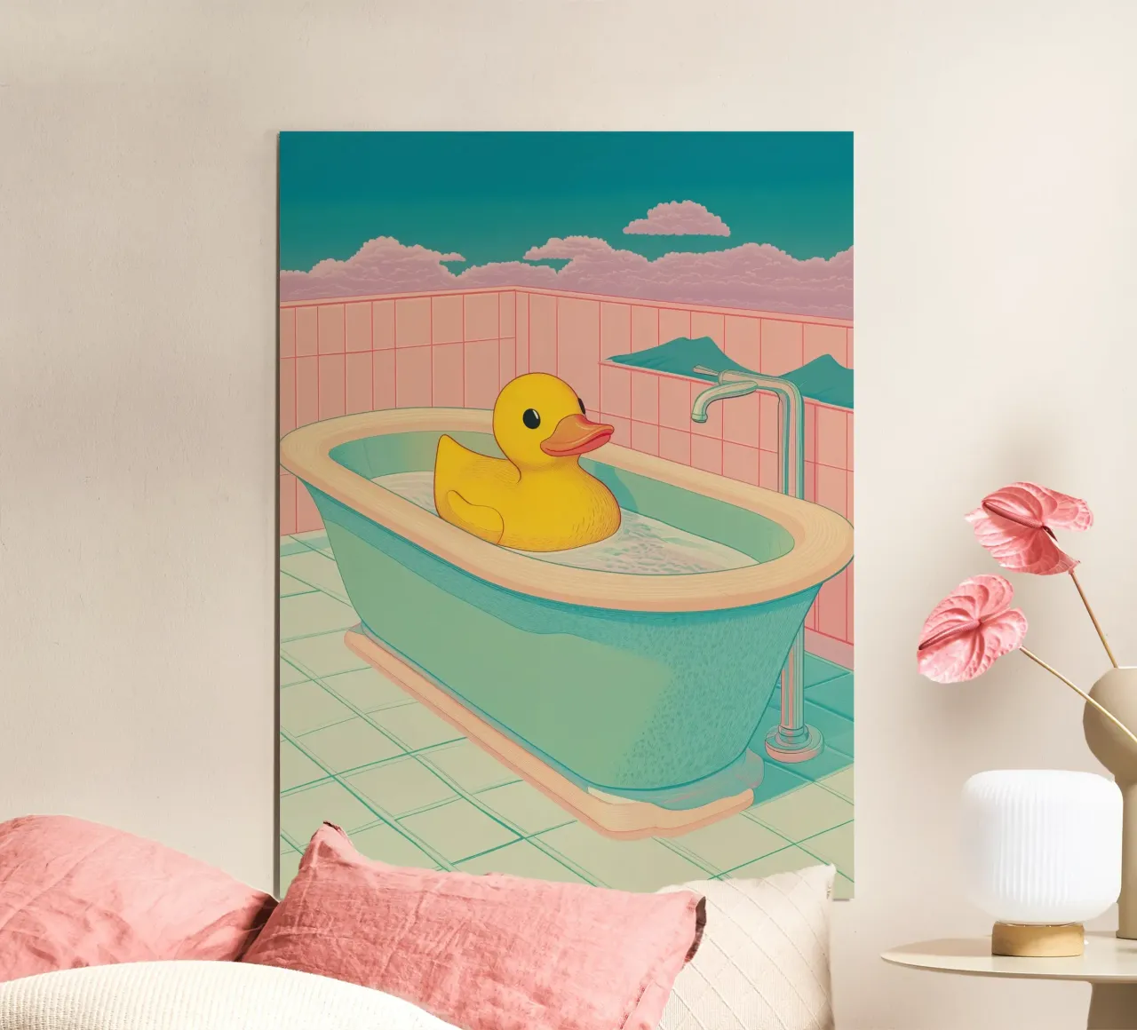 Un mignon canard en caoutchouc jaune dans une baignoire - Bathroom Art poster avec cadre en bois de Kaji