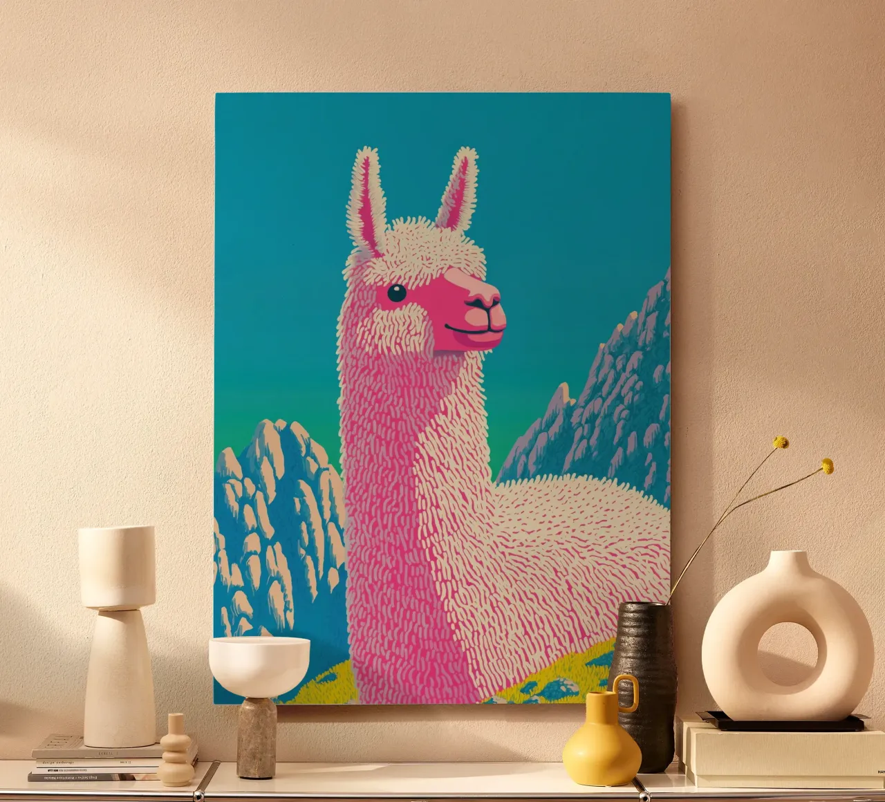 Lebendiges Lama Alpaka in den Schneebergen | Animal Bold Pop Forex-Platte von Kaji