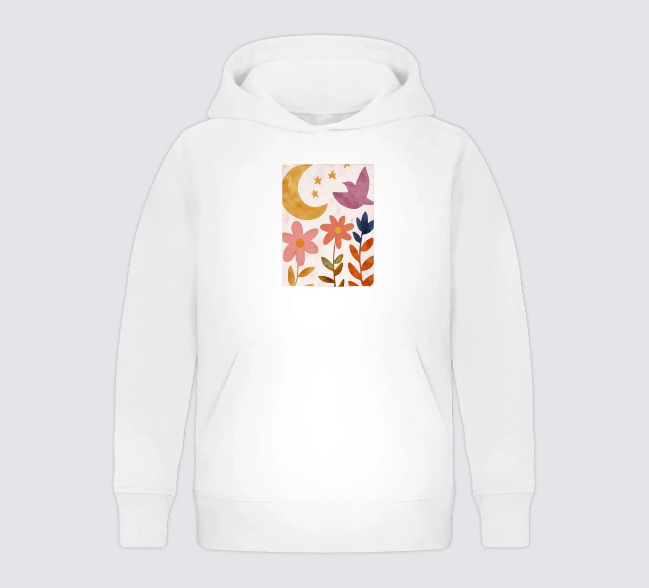 Uccello botanico vintage con luna, stelle e fiori di primavera felpa bambino con cappuccio da Gentle Echoes Art