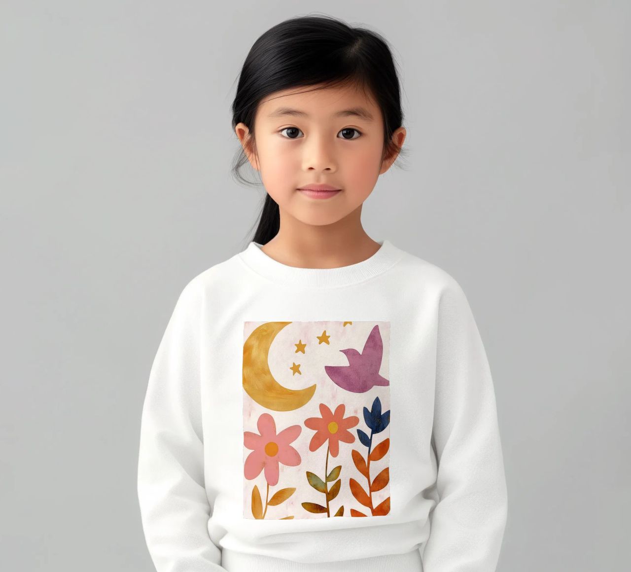 Uccello botanico vintage con luna, stelle e fiori di primavera felpa bambino da Gentle Echoes Art
