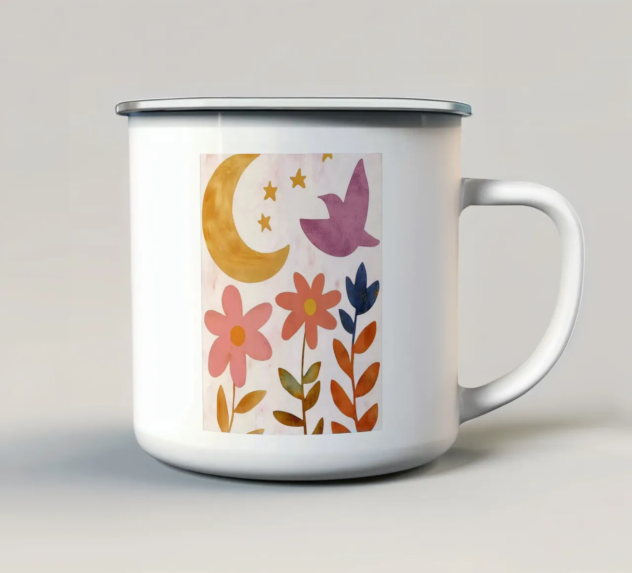 Uccello botanico vintage con luna, stelle e fiori di primavera tazza in smalto da Gentle Echoes Art