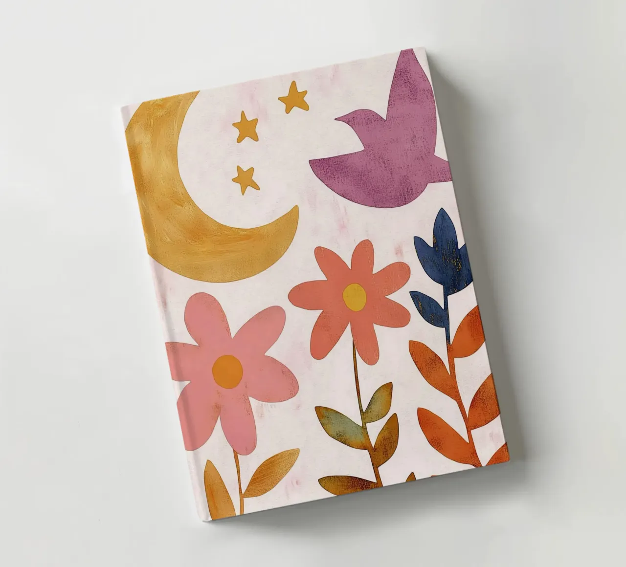 Vintage Botanical Bird with Moon, Stars and Spring Flowers notebook by Gentle Echoes Art