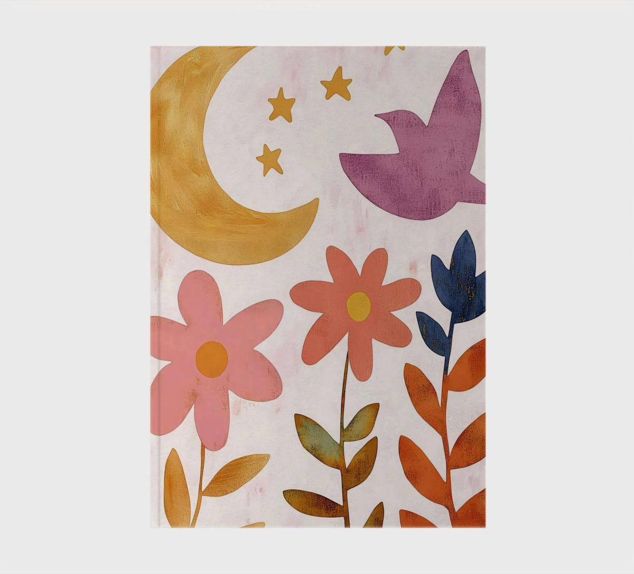 Vintage Botanical Bird with Moon, Stars and Spring Flowers notebook by Gentle Echoes Art