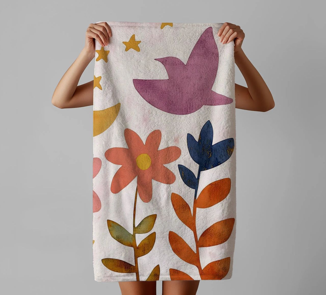 Vintage Botanical Bird with Moon, Stars and Spring Flowers towel by Gentle Echoes Art