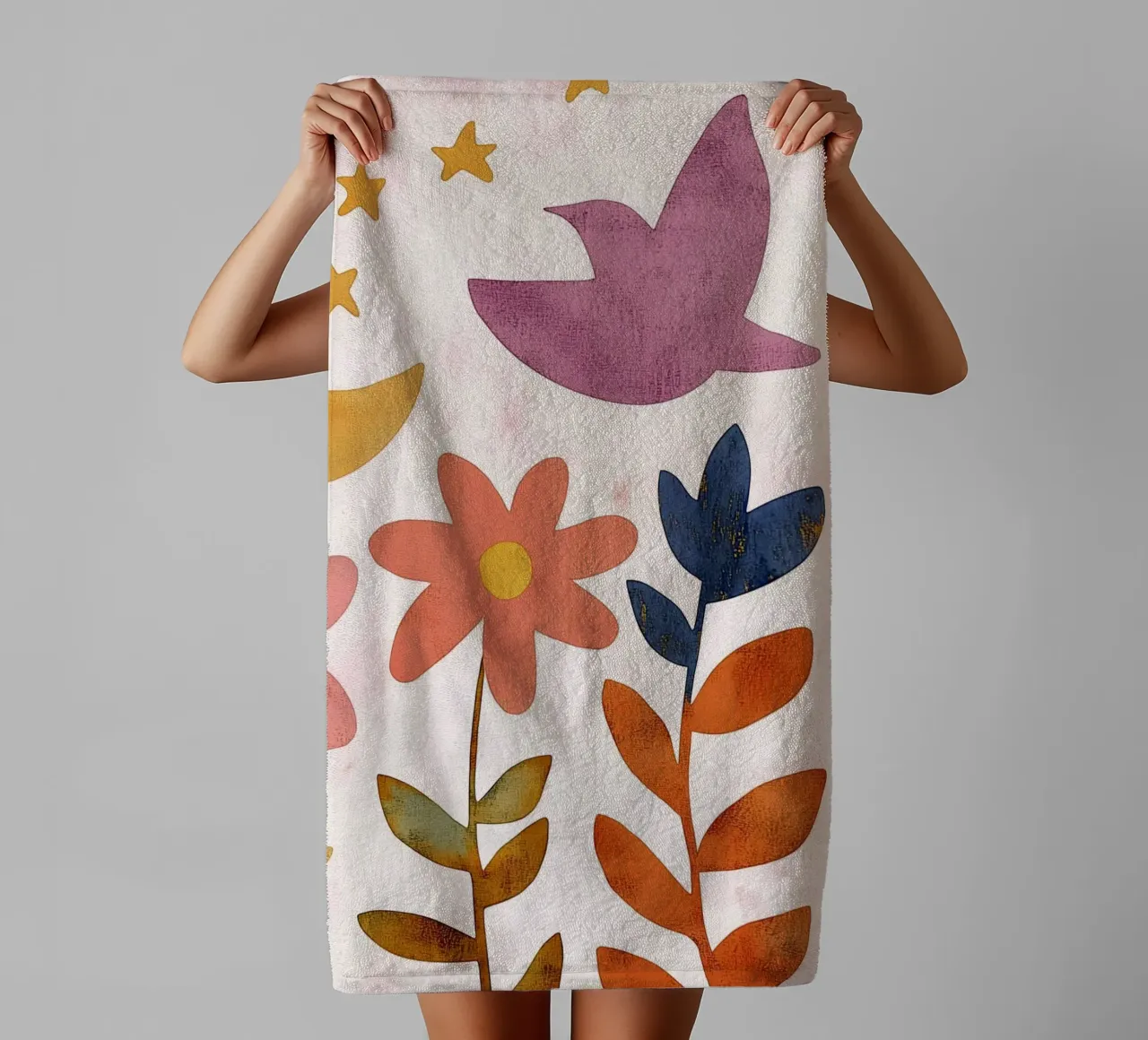 Vintage Botanical Bird with Moon, Stars and Spring Flowers towel by Gentle Echoes Art