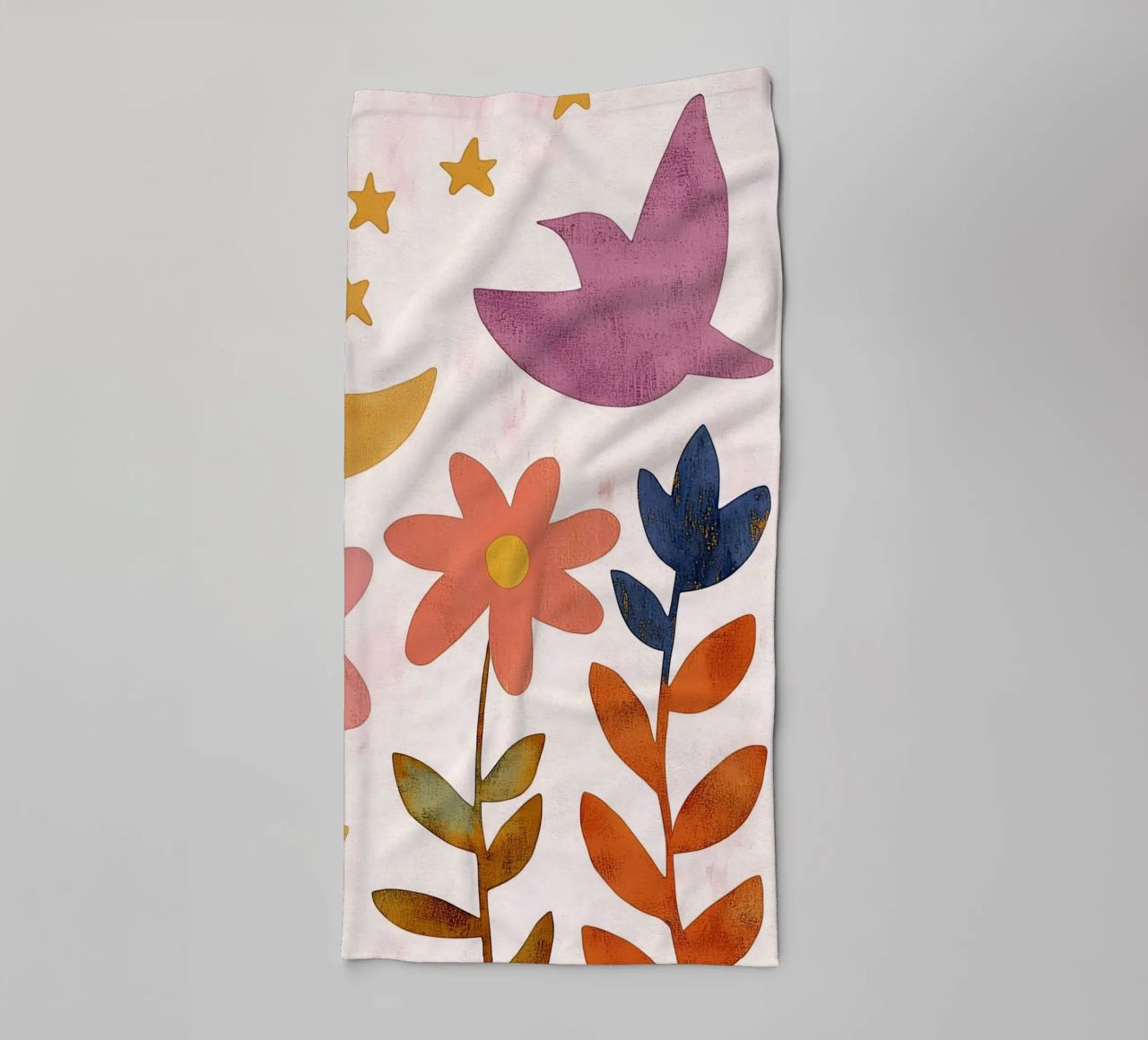 Vintage Botanical Bird with Moon, Stars and Spring Flowers towel by Gentle Echoes Art