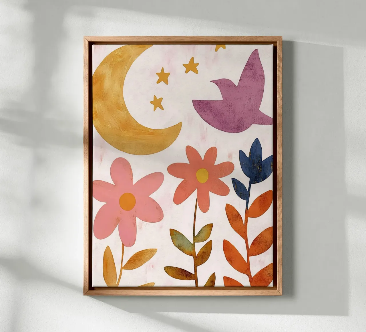 Uccello botanico vintage con luna, stelle e fiori di primavera tela con Cornice a cassetta da Gentle Echoes Art