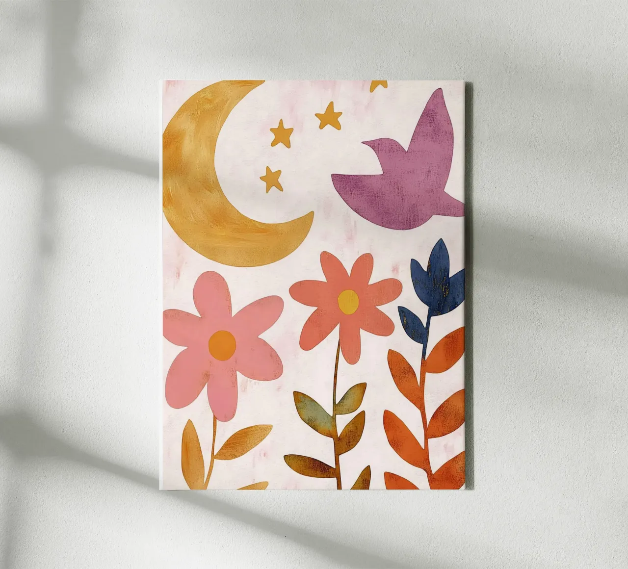 Uccello botanico vintage con luna, stelle e fiori di primavera tela con Cornice a cassetta da Gentle Echoes Art